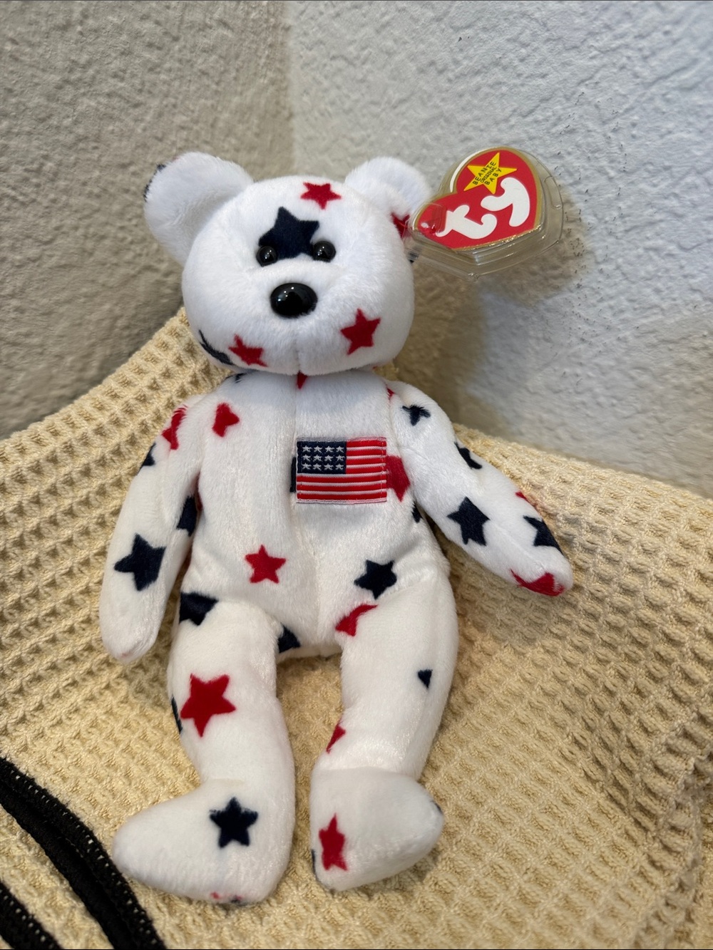 Ty White GLORY Plush Bear with Red & Navy Stars and Flag Patch
